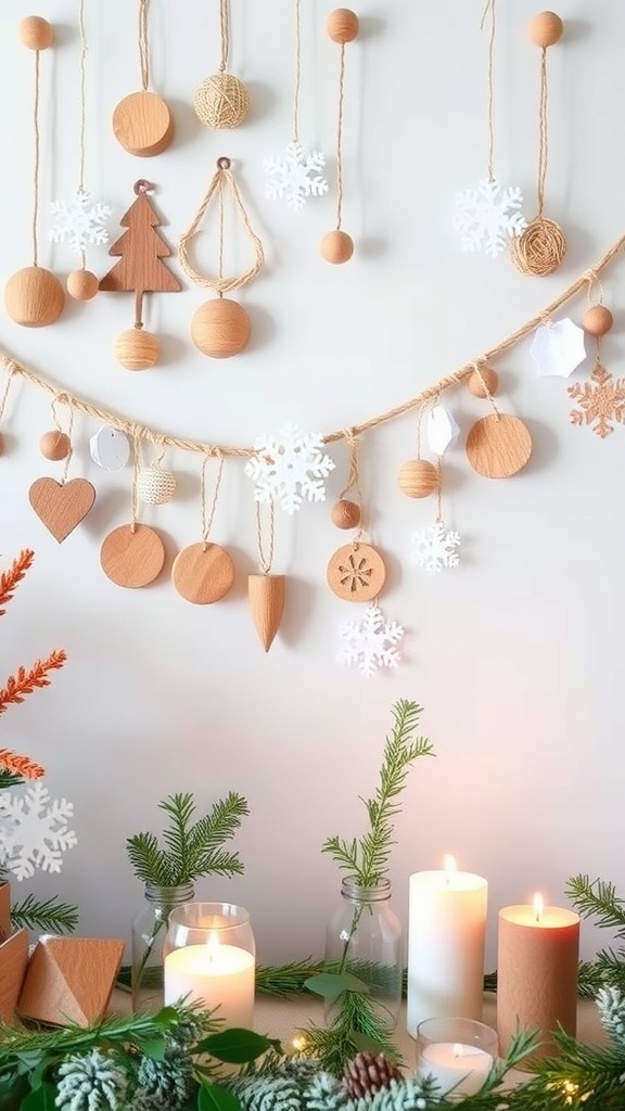 A cozy setup of DIY Nordic Christmas decorations including wooden ornaments, a twine garland, and candle holders with greenery.
